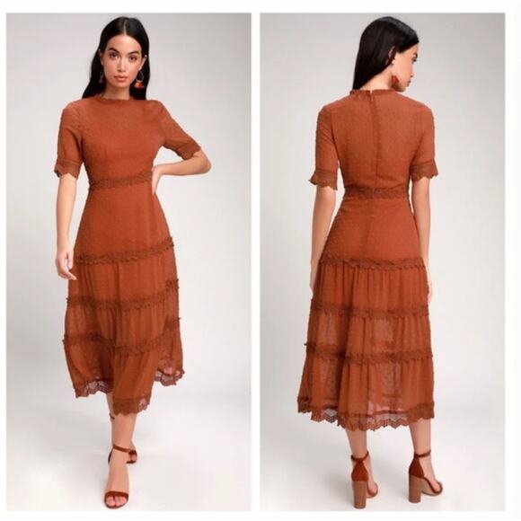 Lulus Dreaming of You Rust Orange Swiss Dot Midi Dress Size Large - Picture 8 of 10